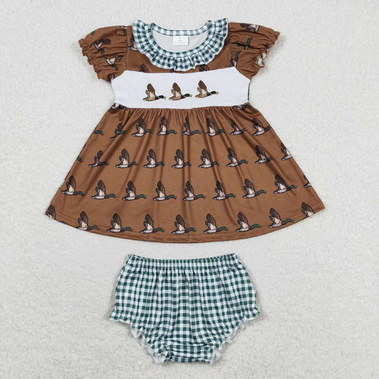GBO0319 Embroidery Duck dark green check brown short sleeve briefs set high quality baby girls clothes sets newborn clothing