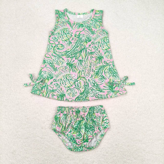 GBO0343 Leaf pattern pink green sleeveless briefs set high quality girls clothing sets