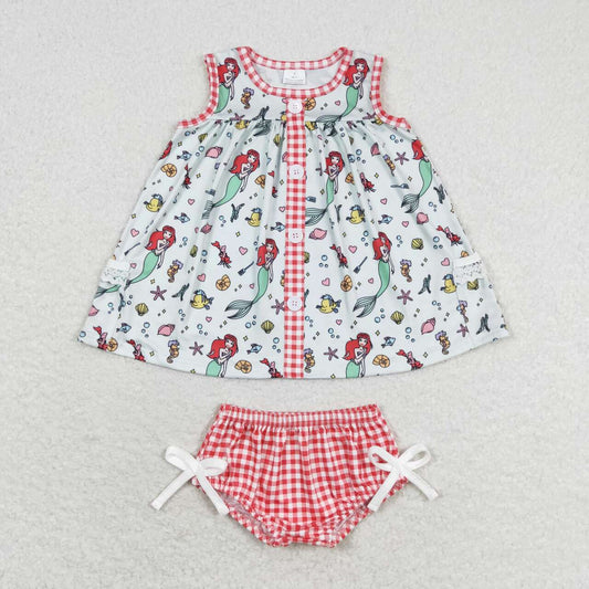 GBO0346 Mermaid Light Green Sleeveless Plaid Bummies Girls Sets RTS 202509