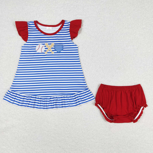GBO0354 Embroidered baseball blue and white striped flying sleeve top red lace briefs girls clothing sets
