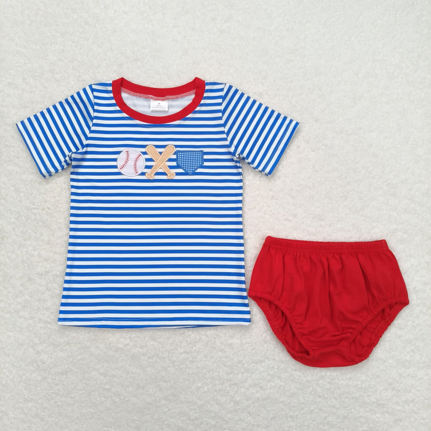 GBO0355 Embroidered baseball blue and white striped short-sleeved top red briefs high quality wholesale boy outfits clothing