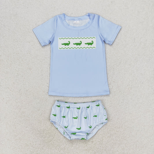 GBO0370 Animal fish Blue short sleeve striped briefs set high quality girls clothing summer set