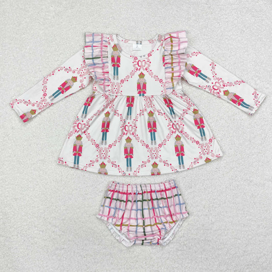 GBO0421 Christmas Nutcracker Plaid Pink Long Sleeve Bummies Girls Set RTS 202510