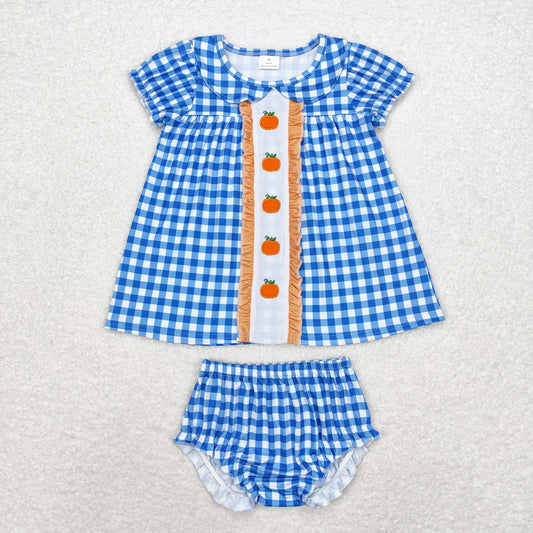 GBO0431 Embroidered pumpkin blue plaid doll neck short-sleeved briefs suit