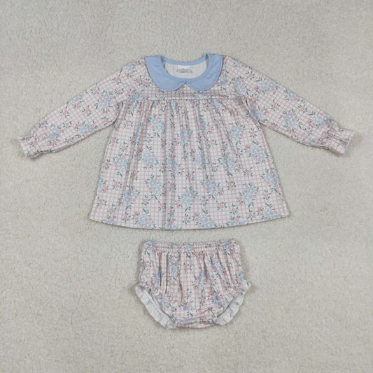 GBO0466 flower plaid blue doll collar long sleeve top briefs girls sets 202509 RTS