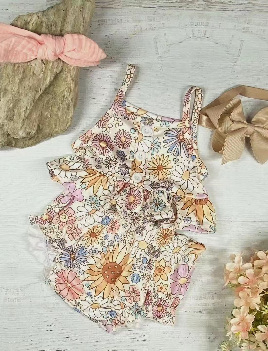 preorder GBO0472 Beige Yellow Flower sleeveless top briefs sets girls boutique summer clothes 202503