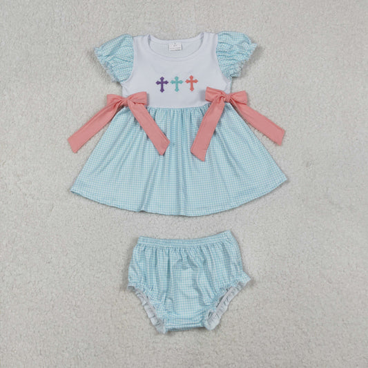 GBO0480 Embroidered Easter Cross Bows Short Sleeve Bubble Bummies Girls Sets 202510 RTS