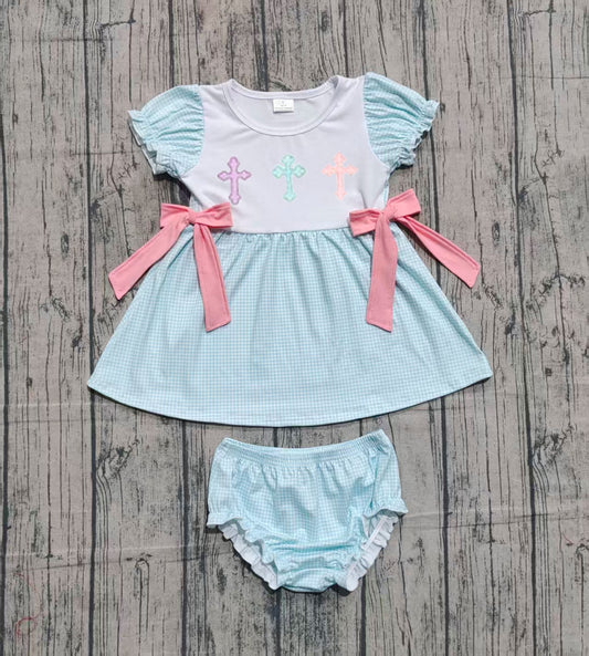 GBO0480 Embroidered Easter Cross Bows Short Sleeve Bubble Bummies Girls Sets 202510 RTS