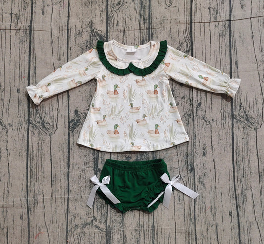 NO MOQ preorder GBO0482 Ducks Pattern Doll Collar Green Ruffle White Long Sleeve Bubble Bummies Girls Sets 202512