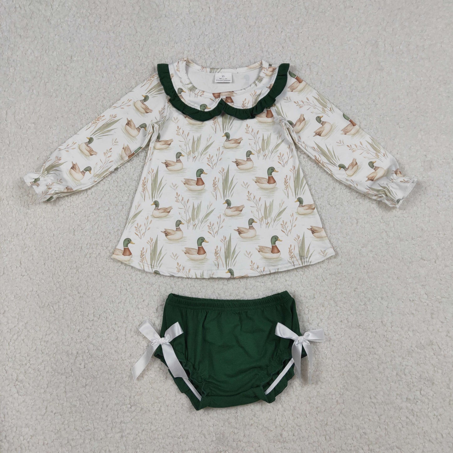 GBO0482 Ducks Pattern Doll Collar Green Ruffle White Long Sleeve Bubble Bummies Girls Sets 202601 RTS