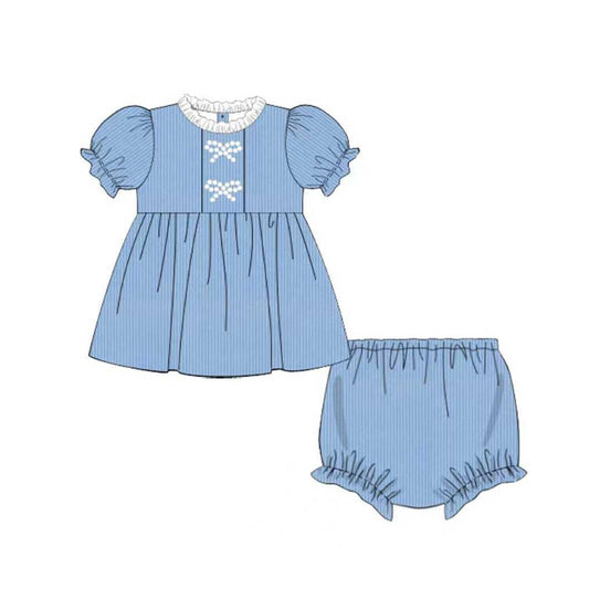 MOQ 5 PCS preorder GBO0486 Bows Stripe Blue Short Sleeve Bummies Girls Sets 202511