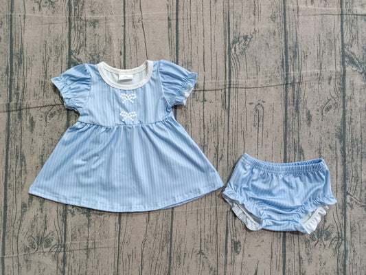 NO MOQ preorder GBO0486 Embroidered Bows Stripe Blue Short Sleeve Bummies Girls Sets 202602