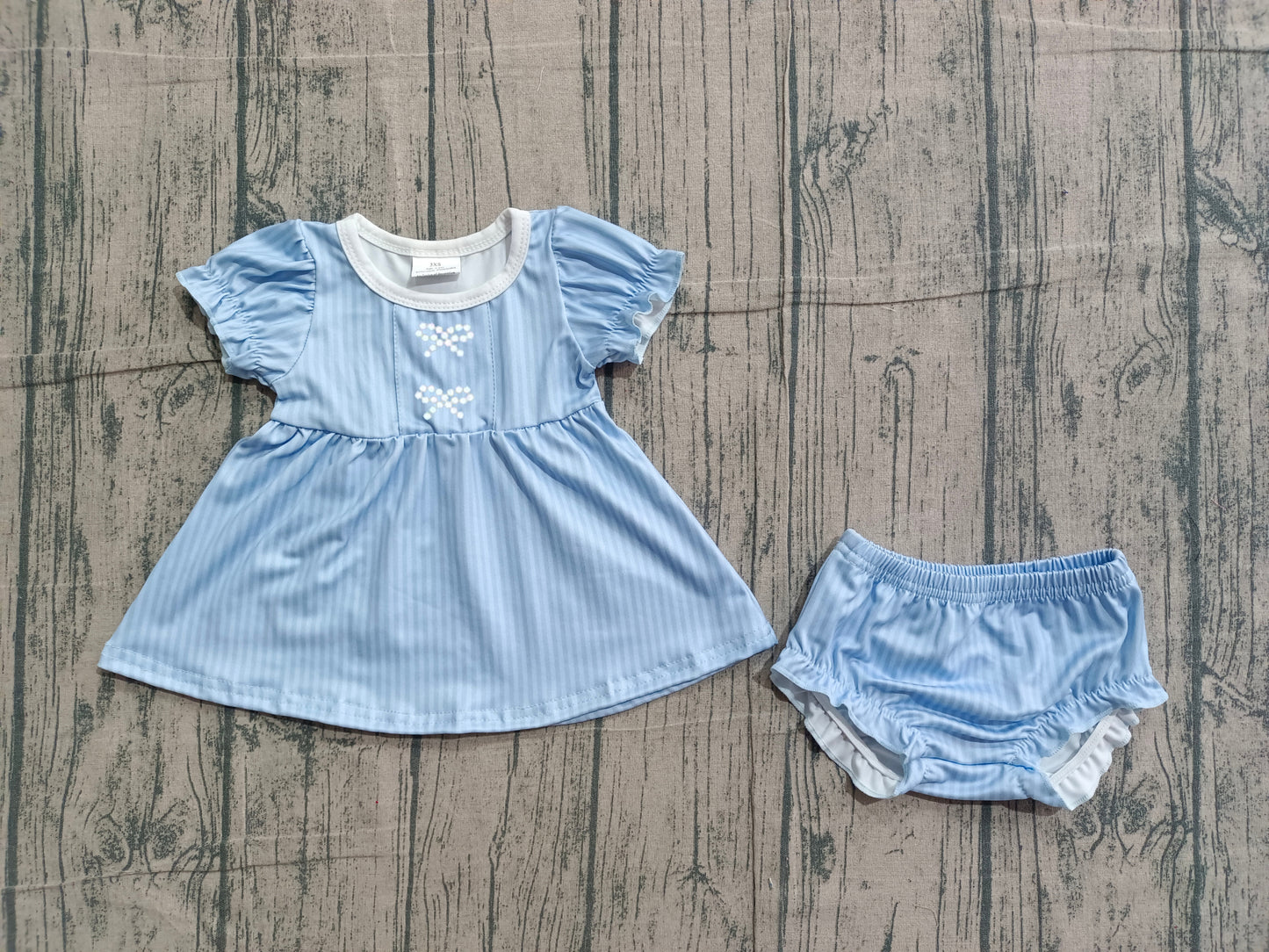 NO MOQ preorder GBO0486 Embroidered Bows Stripe Blue Short Sleeve Bummies Girls Sets 202602