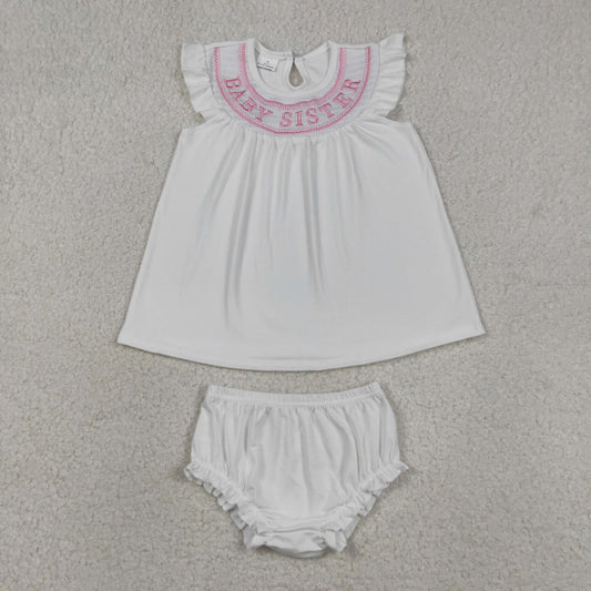 GBO0490 Smocked BABY SISTER Pink White Flying Sleeve Bubble Bummies Girls Sets 202604 RTS