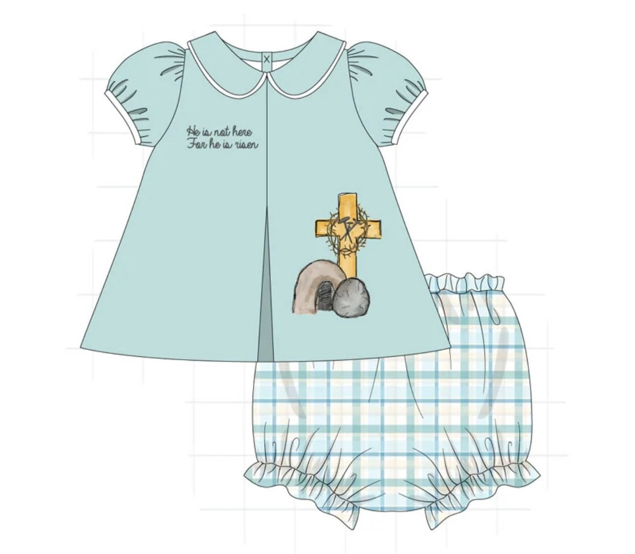 MOQ 5 PCS preorder GBO0492 Easter Cross Blue Green Doll Collar Short Sleeve Plaid Bubble Bummies Girls Sets 202511