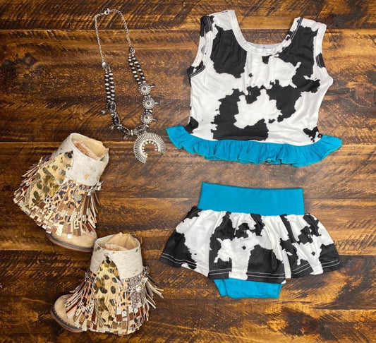 MOQ 5 PCS preorder GBO0494 Cow Print Blue Ruffle Sleeveless Bummies Girls Sets 202512