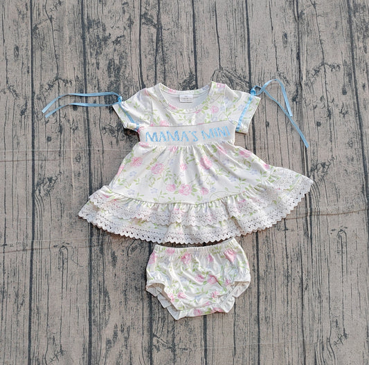 NO MOQ preorder GBO0498 Smocked MAMA'S MINI Flower Leaf Lace Ruffle Short Sleeve Bummies Girls Sets 202601
