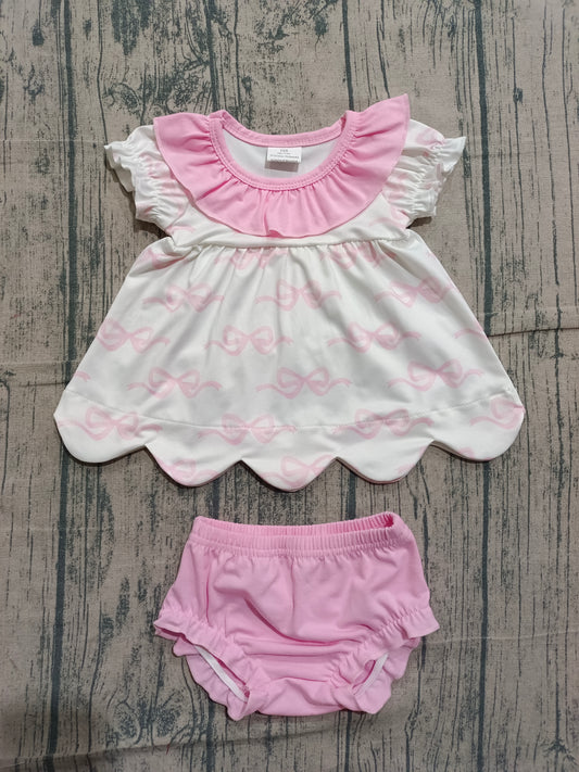NO MOQ preorder GBO0501 Pink Bows Ruffle Short Sleeve Bummies Girls Sets 202601