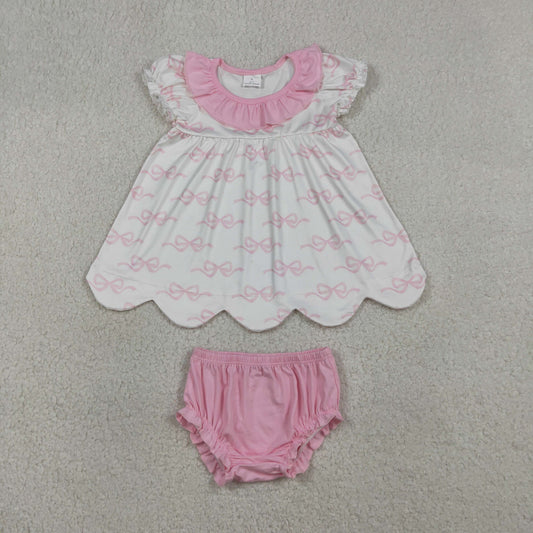 GBO0501 Pink Bows Ruffle Short Sleeve Bummies Girls Sets 202602 RTS