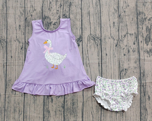 NO MOQ preorder GBO0502 Embroidered Goose Bow Floral Purple Ruffle Sleeveless Bummies Girls Sets 202601