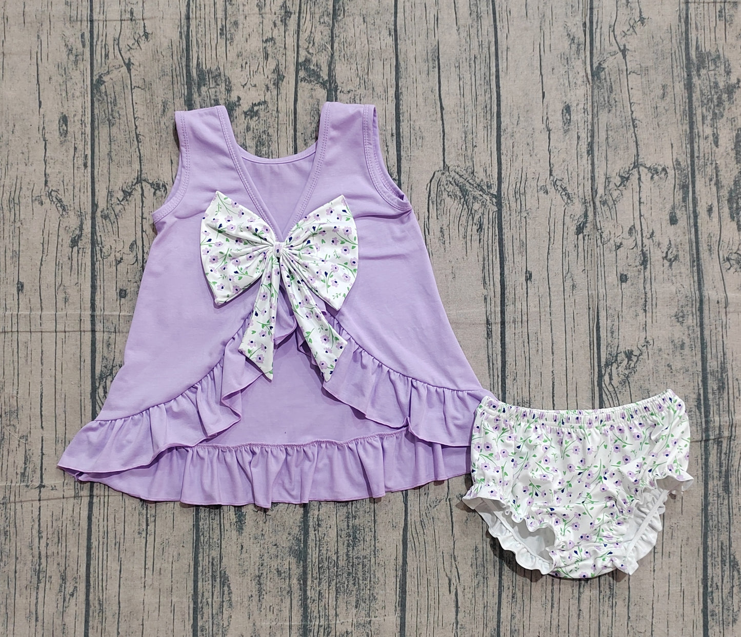 NO MOQ preorder GBO0502 Embroidered Goose Bow Floral Purple Ruffle Sleeveless Bummies Girls Sets 202601