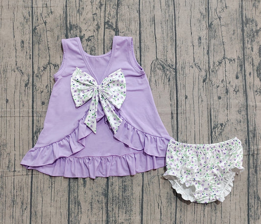 NO MOQ preorder GBO0502 Embroidered Goose Bow Floral Purple Ruffle Sleeveless Bummies Girls Sets 202601