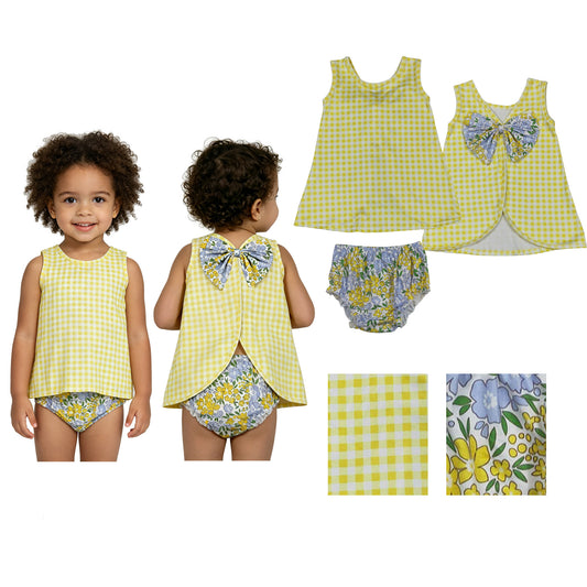 GBO0504 Flower Bow Yellow Plaid Sleeveless Bummies Girls Sets 202604 RTS