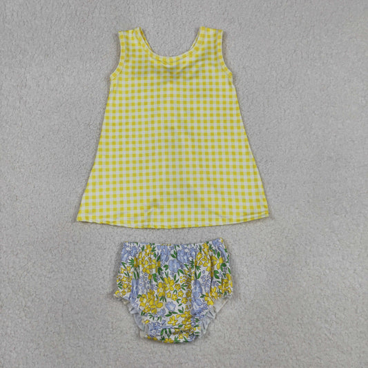 GBO0504 Flower Bow Yellow Plaid Sleeveless Bummies Girls Sets 202604 RTS