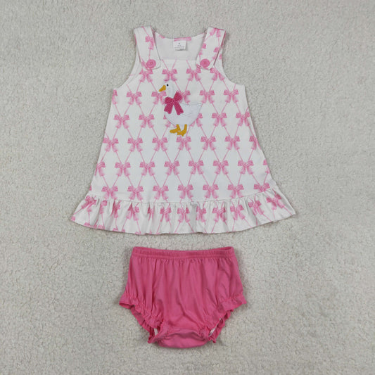 GBO0505 Embroidered Goose Rose Red Bows White Sleeveless Bummies Girls Sets 202604 RTS