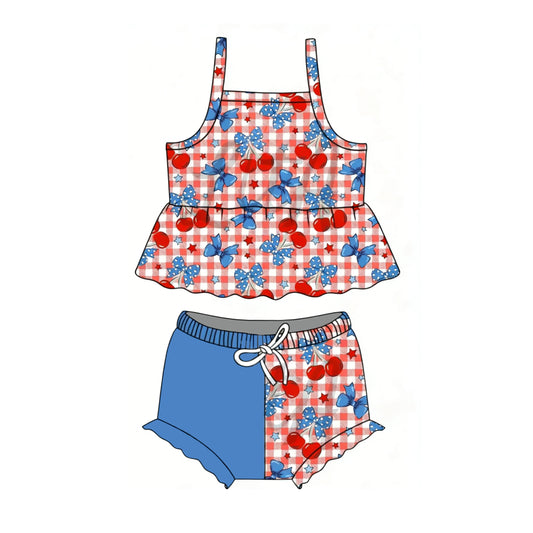 MOQ 5 PCS preorder GBO0510 4th of July Star Bows Cherry Plaid Sleeveless Bummies Girls Sets 202603