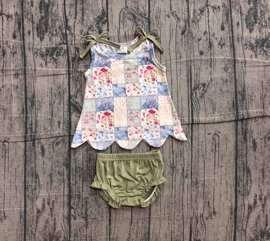 NO MOQ preorder GBO0511 Flower Dots Plaid Pea Green Sleeveless Bummies Girls Sets 202606