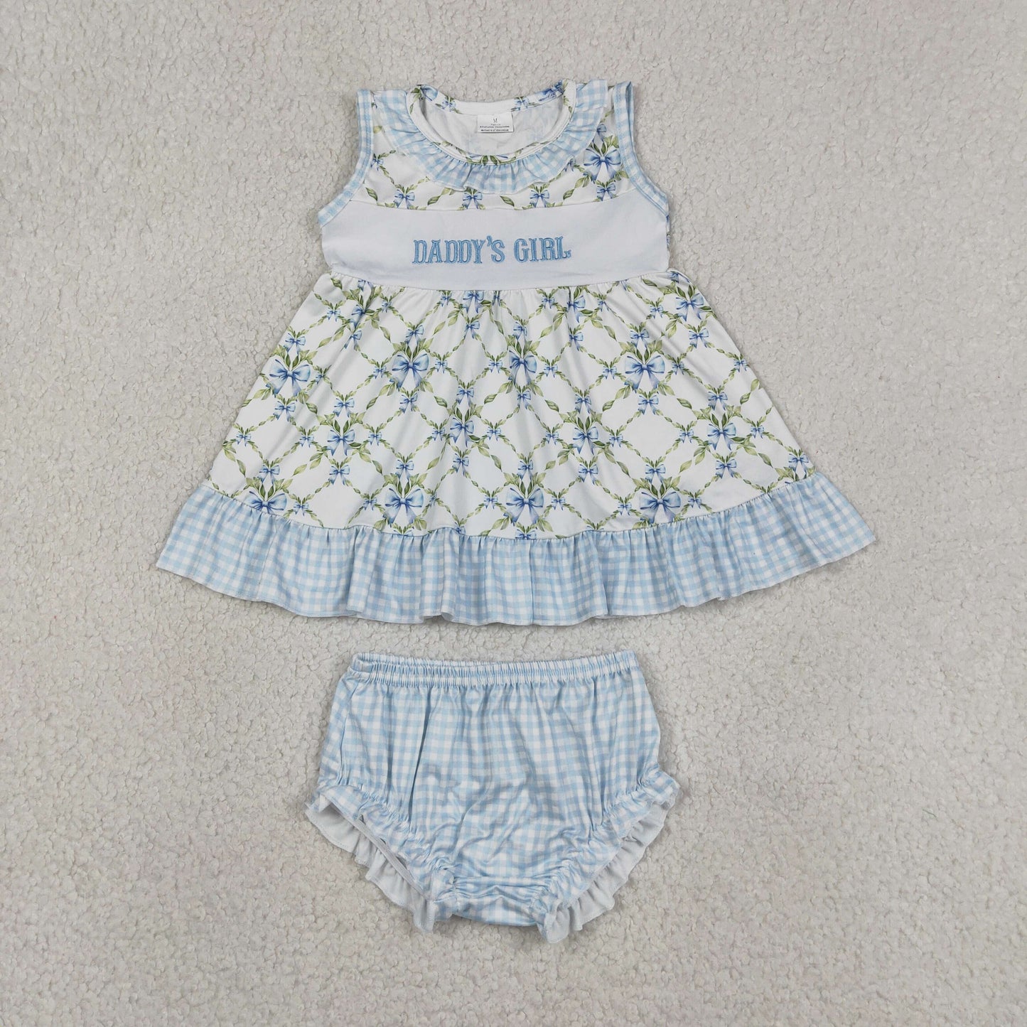 GBO0512 Embroidered Daddy's Girl Blue Plaid Bows Sleeveless Bummies Girls Sets 202605 RTS