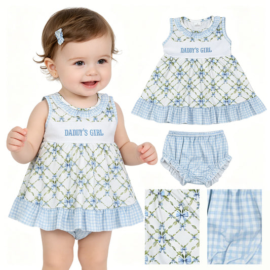 GBO0512 Embroidered Daddy's Girl Blue Plaid Bows Sleeveless Bummies Girls Sets 202605 RTS