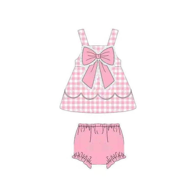 MOQ 5 PCS preorder GBO0514 Bow Pink Plaid Lace Ruffle Sleeveless Bummies Girls Sets 202603
