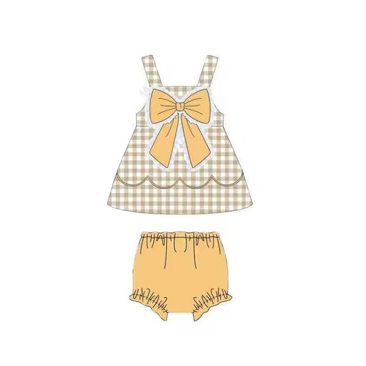 MOQ 5 PCS preorder GBO0517 Bow Orange Plaid Lace Ruffle Sleeveless Bummies Girls Sets 202603