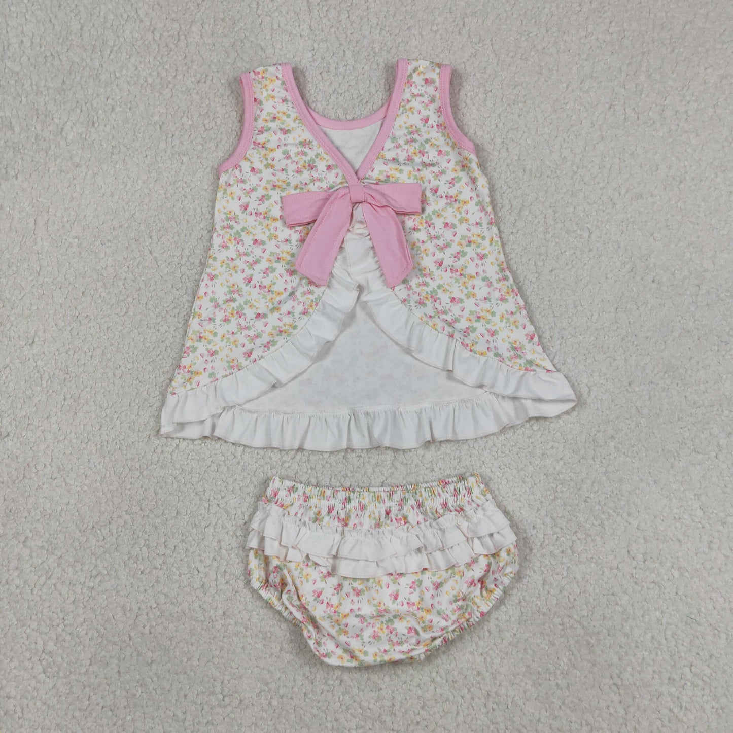 GBO0518 Floral Lace Ruffle Pink Bow Sleeveless Bummies Girls Sets 202605 RTS