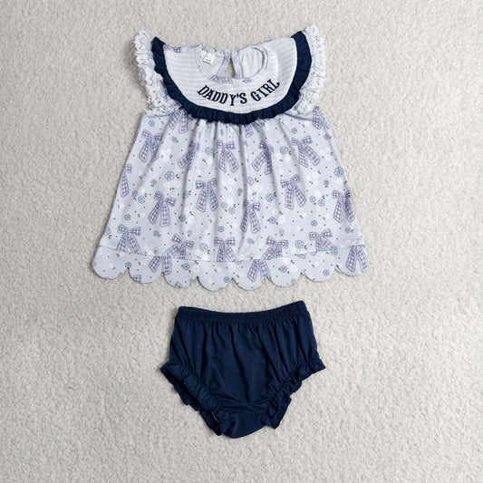 GBO0519 Smocked DADDY'S GIRL Flower Bows Navy Ruffle Fly Sleeve Bummies Girls Sets 202606 RTS