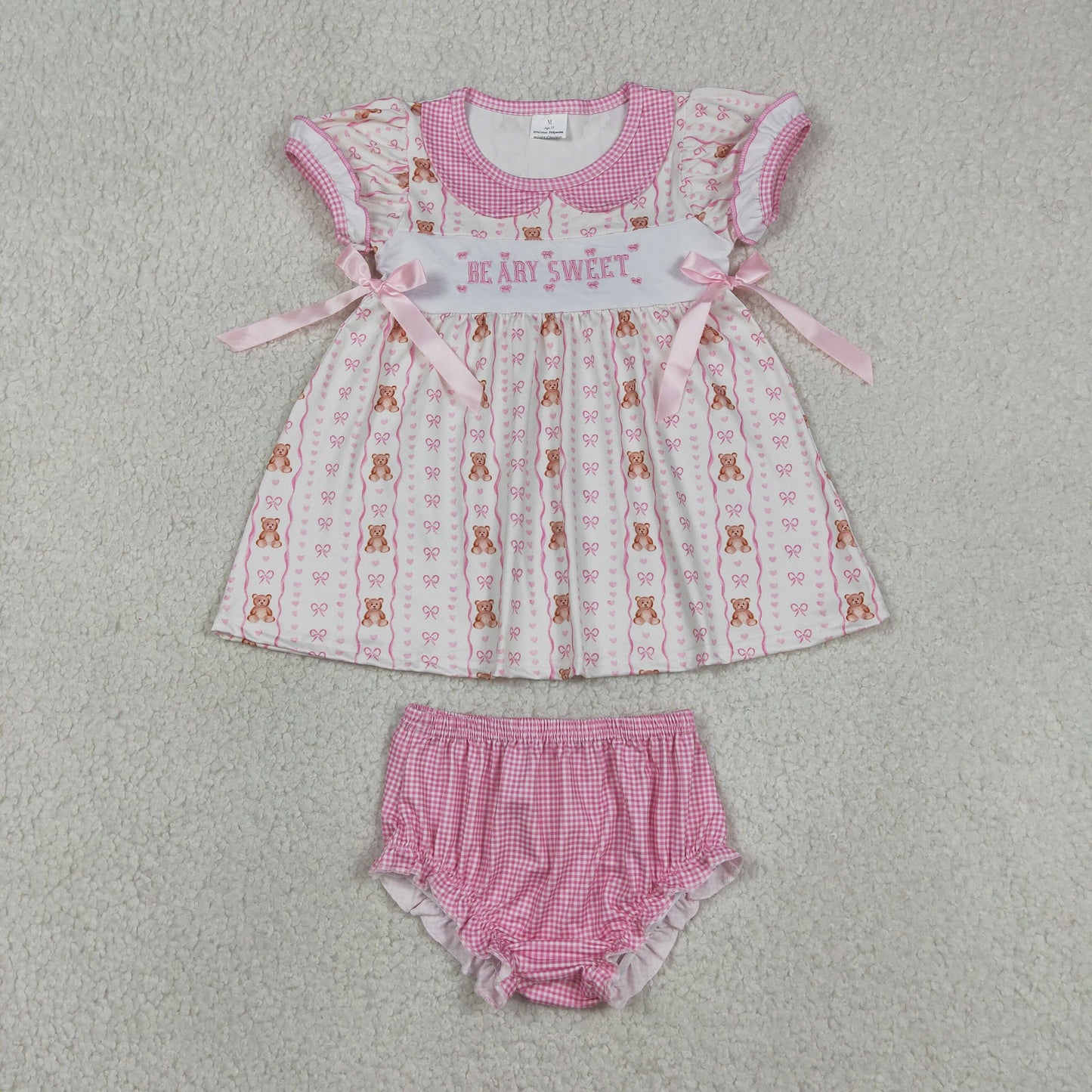 GBO0520 Embroidered Beary Sweet Bear Bows Doll Collar Pink Short Sleeve Bummies Girls Sets 202605 RTS