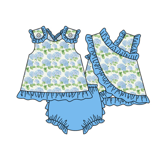 MOQ 5 PCS preorder GBO0522 Flower Blue Ruffle Sleeveless Bummies Girls Sets 202603