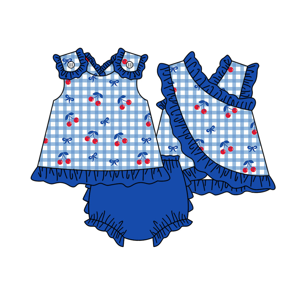 MOQ 5 PCS preorder GBO0523 Cherry Bows Plaid Blue Ruffle Sleeveless Bummies Girls Sets 202603