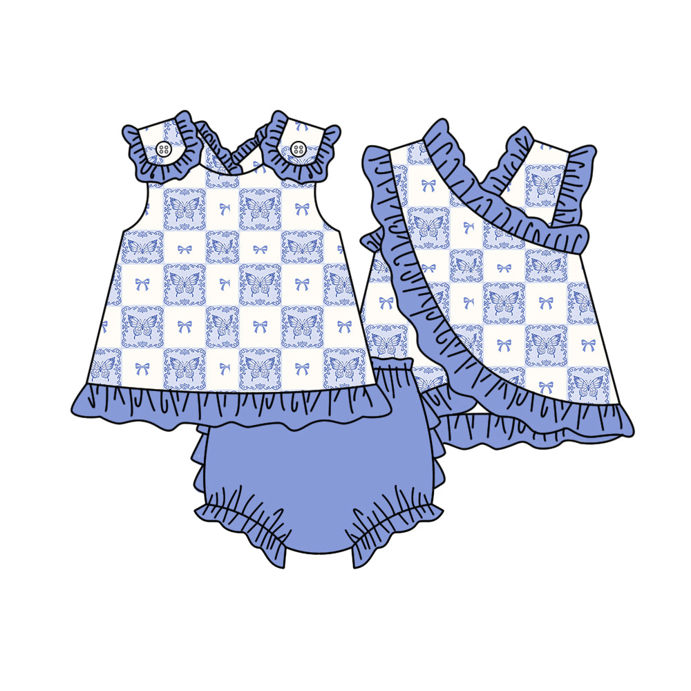 MOQ 5 PCS preorder GBO0524 Butterflies Plaid Blue Purple Ruffle Sleeveless Bummies Girls Sets 202603