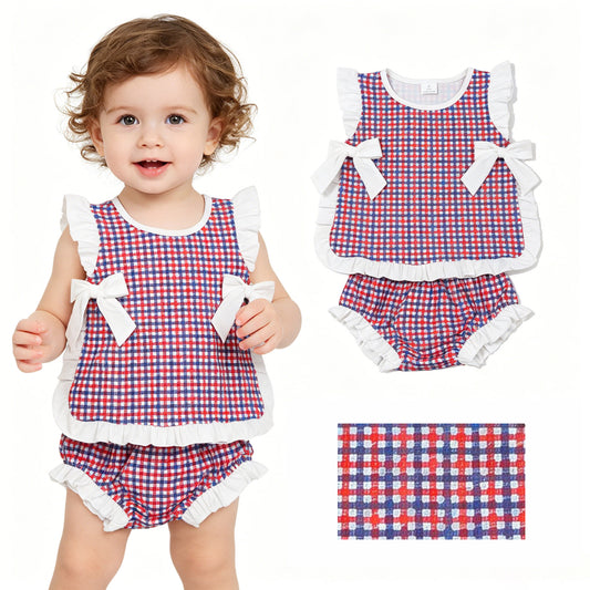 GBO0527 4th of July Red Blue Plaid Ruffle Bows Sleeveless Bummies Girls Sets 202605 RTS