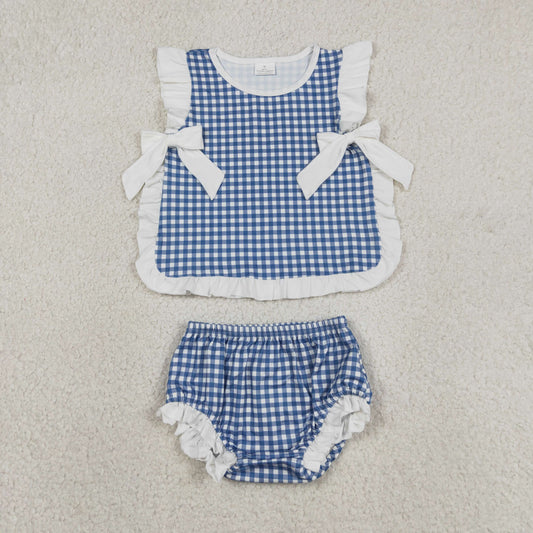 GBO0528 Blue Plaid Ruffle Bows Sleeveless Bummies Girls Sets 202605 RTS