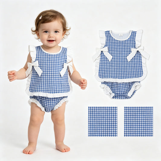 GBO0528 Blue Plaid Ruffle Bows Sleeveless Bummies Girls Sets 202605 RTS