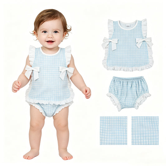 GBO0529 Light Blue Plaid Ruffle Bows Sleeveless Bummies Girls Sets 202605 RTS