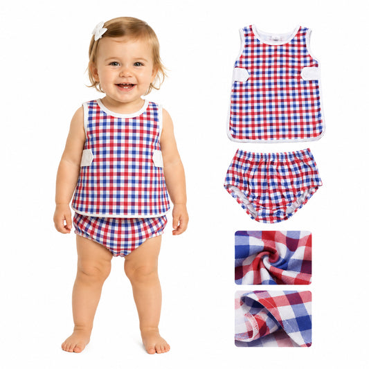GBO0530 4th of July Red Blue Plaid Sleeveless Bummies Girls Sets 202605 RTS