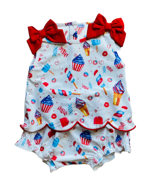 MOQ 5 PCS preorder GBO0535 4th of July Ice Cream Love Red Bows Sleeveless Bummies Girls Sets 202603