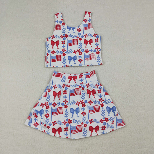 GSD3499 4th of July USA Bows Flower Leaf Flag Sleeveless Top with Skirts for Girls Yoga Sets 202603 RTS