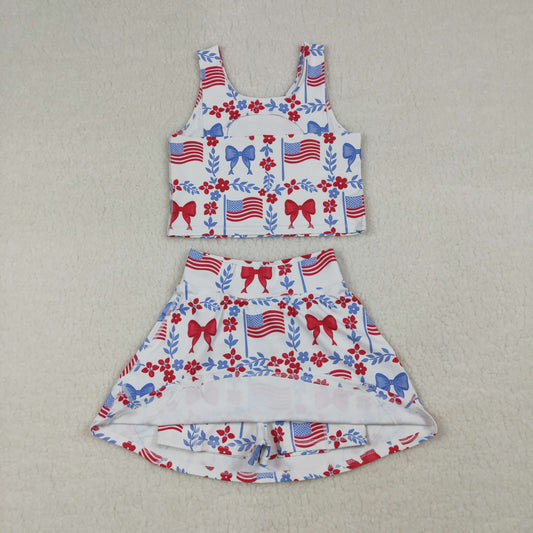 GSD3499 4th of July USA Bows Flower Leaf Flag Sleeveless Top with Skirts for Girls Yoga Sets 202603 RTS