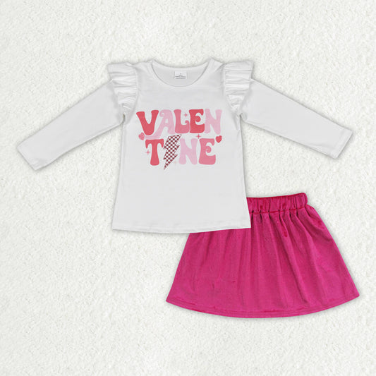 GLD0507 Valentines girls outfits White Ruffle Long Sleeve Top Pink Skirt Dresses Girls Outfits RTS 202412